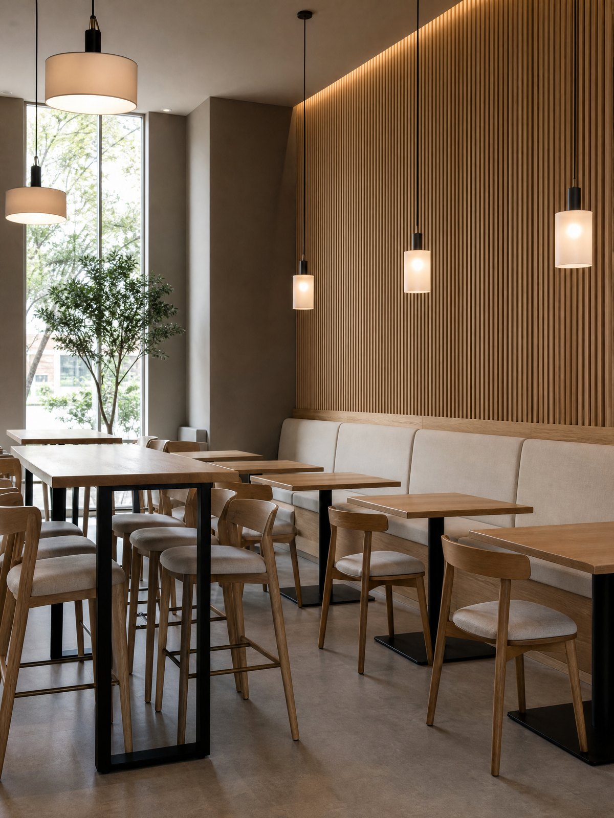 Loże restauracyjne z tapicerowanym oparciem przy przeszklonej ścianie
